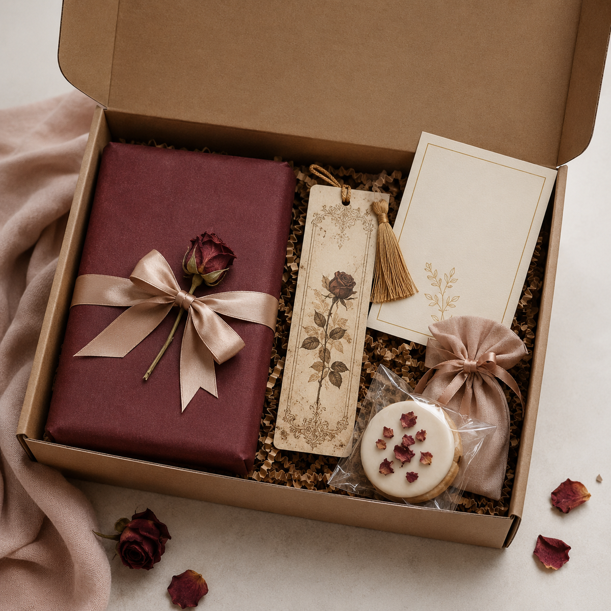 Romance Reader Gift Box with wrapped mystery book and bookish gifts