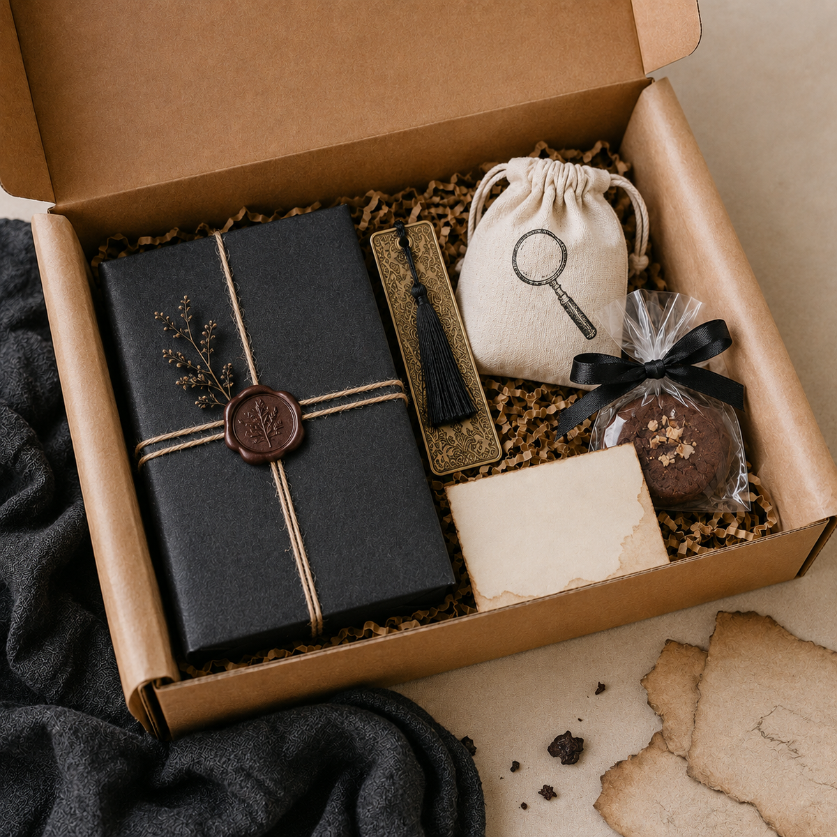 Thriller Reader Gift Box with wrapped mystery book and bookish gifts